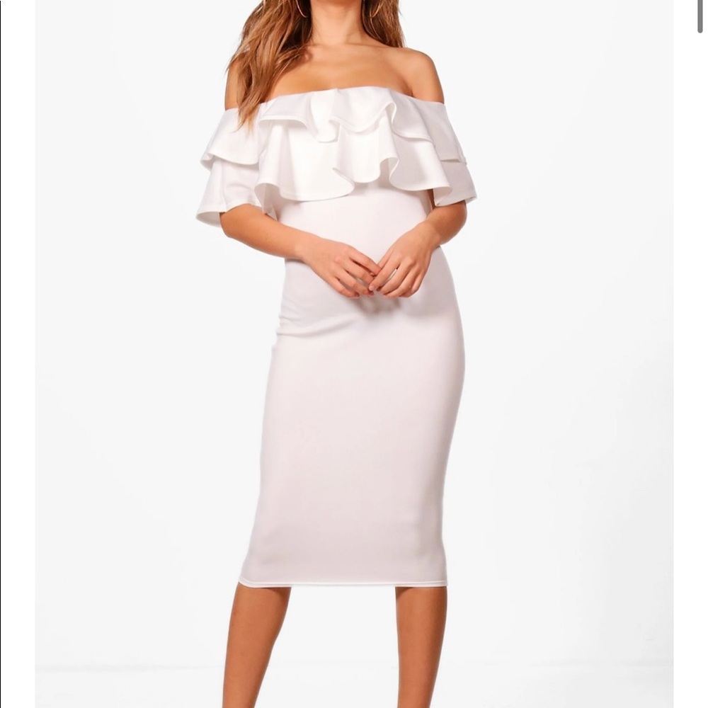 Boohoo Ivory Layered Off Shoulder Frill midi dress